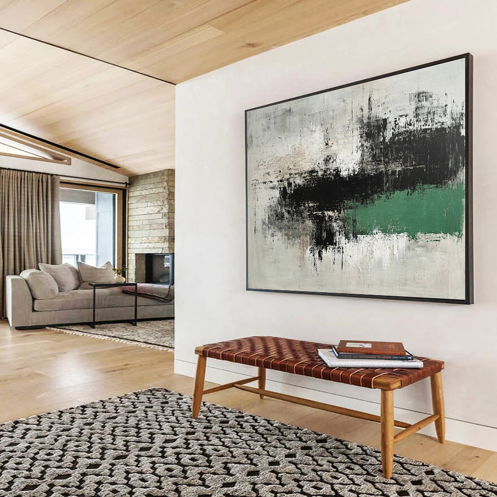 Large abstract painting in gray and green with thick brushstrokes minimalist landscape style and textured calm Zen atmosphere on dark background.SC220