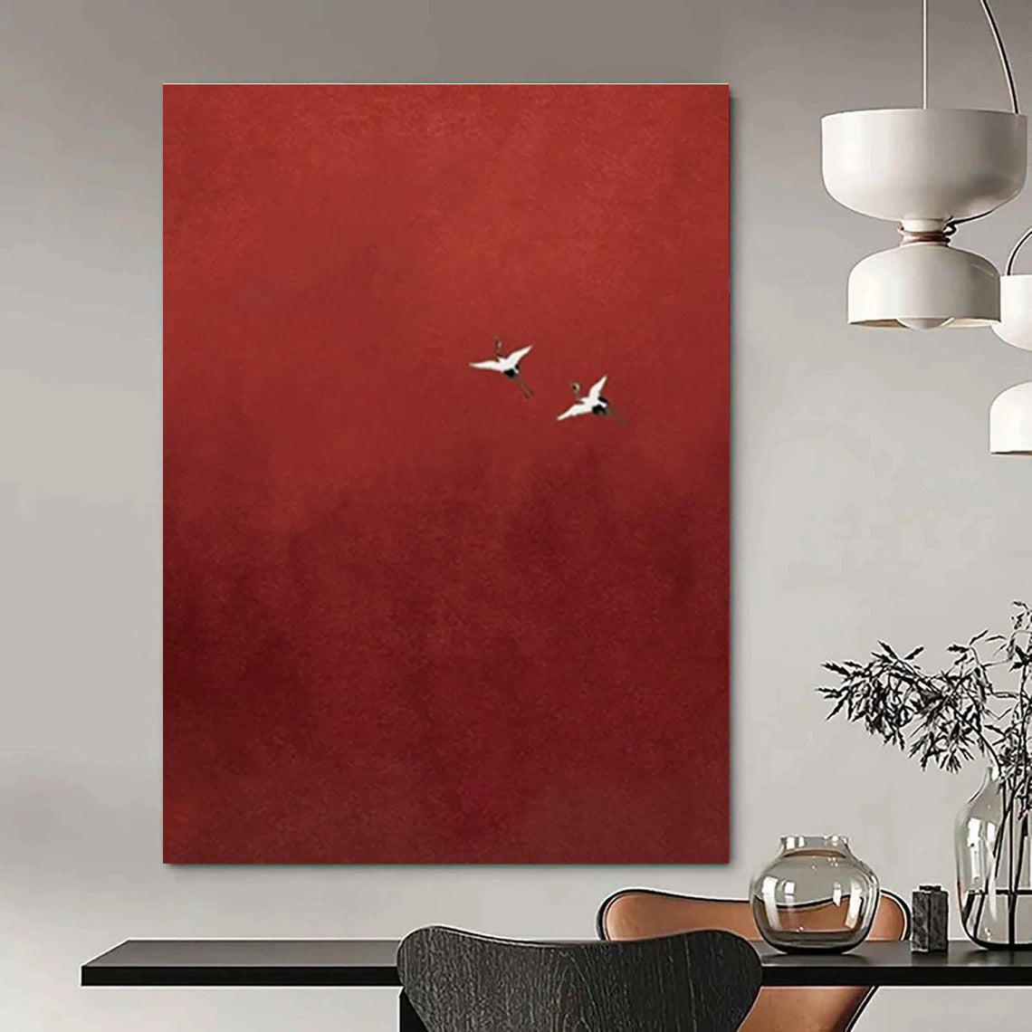 Cranes in Red Sky Abstract Painting with Contrasting Elements ADGE482
