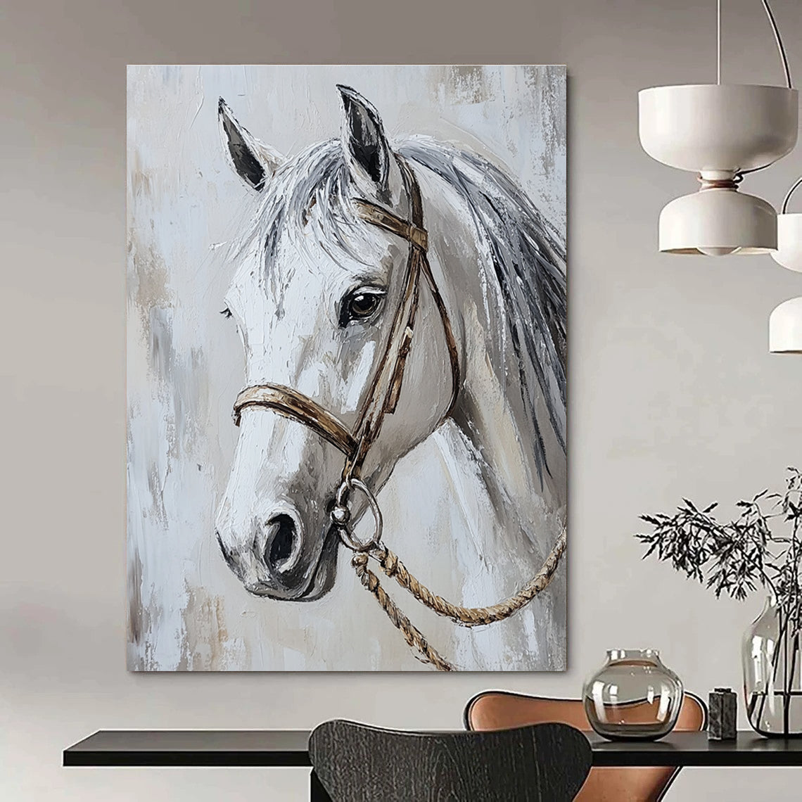 Abstract painting of a white horse's head capturing elegance with flowing grey mane and detailed halter in a luxurious light and shadow composition.STSC959