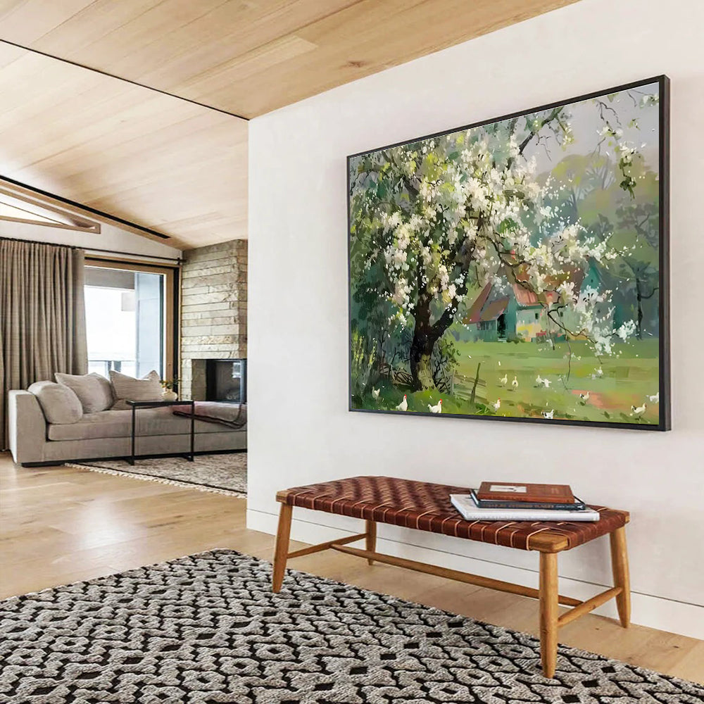 Spring Farmhouse Abstract Painting with White, Green, and Blue Tones THY215