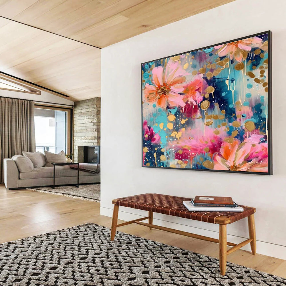 Floral Fantasy Abstract Painting with Pink, Blue, and Gold Accents THY289