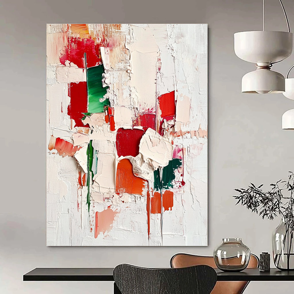 Large abstract painting with red green and white impasto textures showcasing intricate cityscape patterns on an off-white background.STSC327
