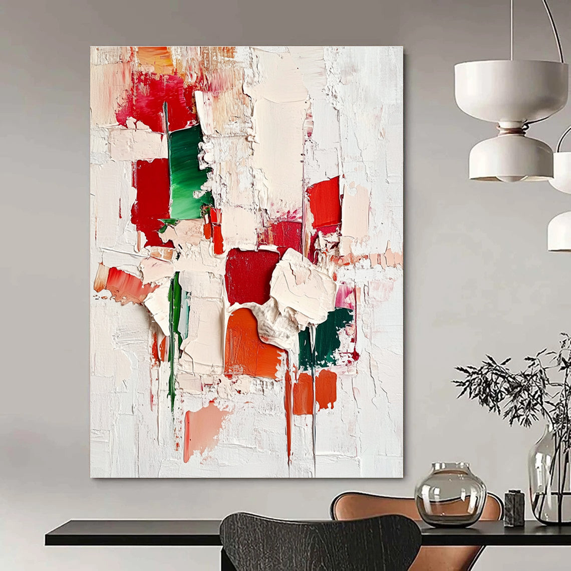 Large abstract painting with red green and white impasto textures showcasing intricate cityscape patterns on an off-white background.STSC327