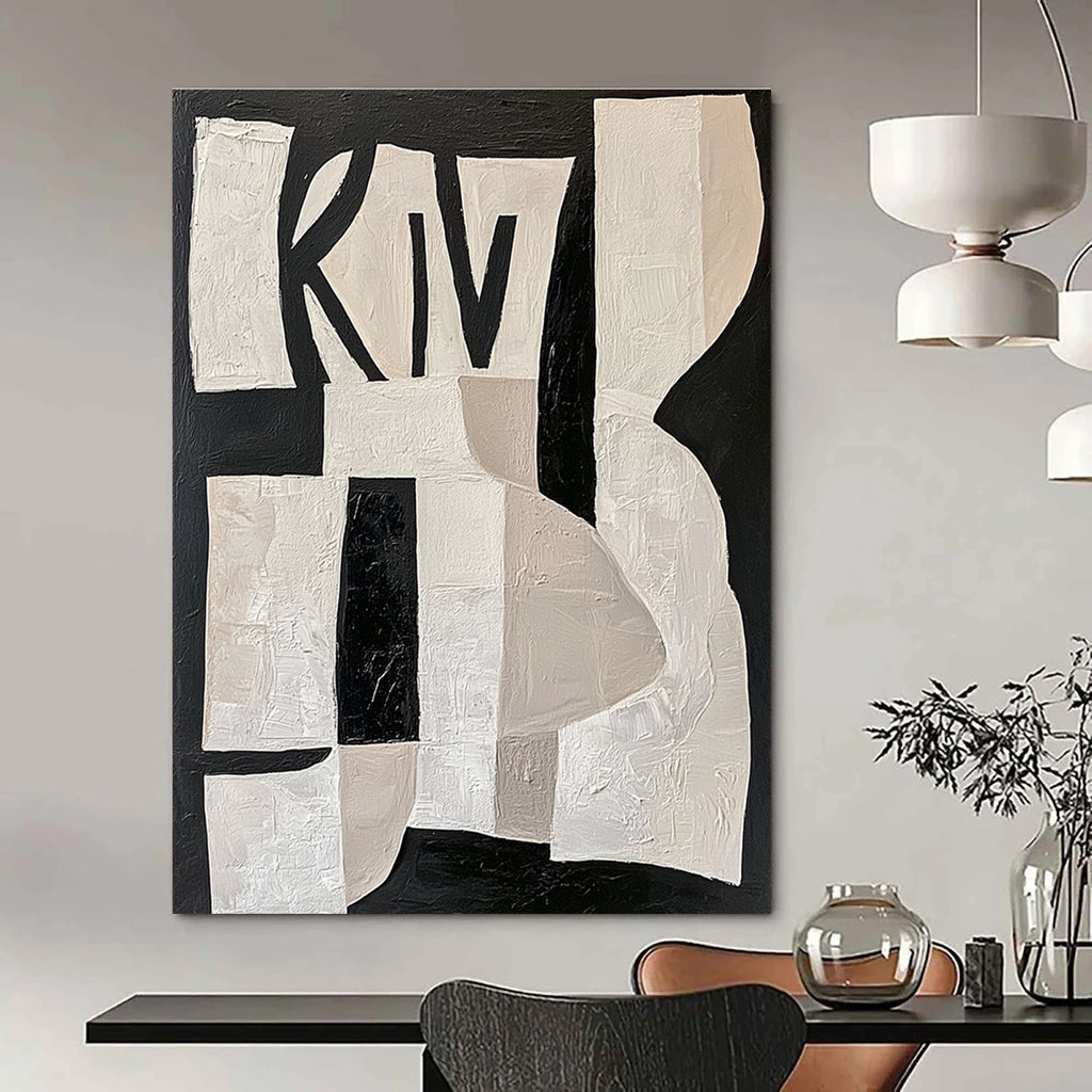 Large abstract painting featuring white shapes on a black background with deconstructed collage elements and the word KIWI in pastel colors.STSC313