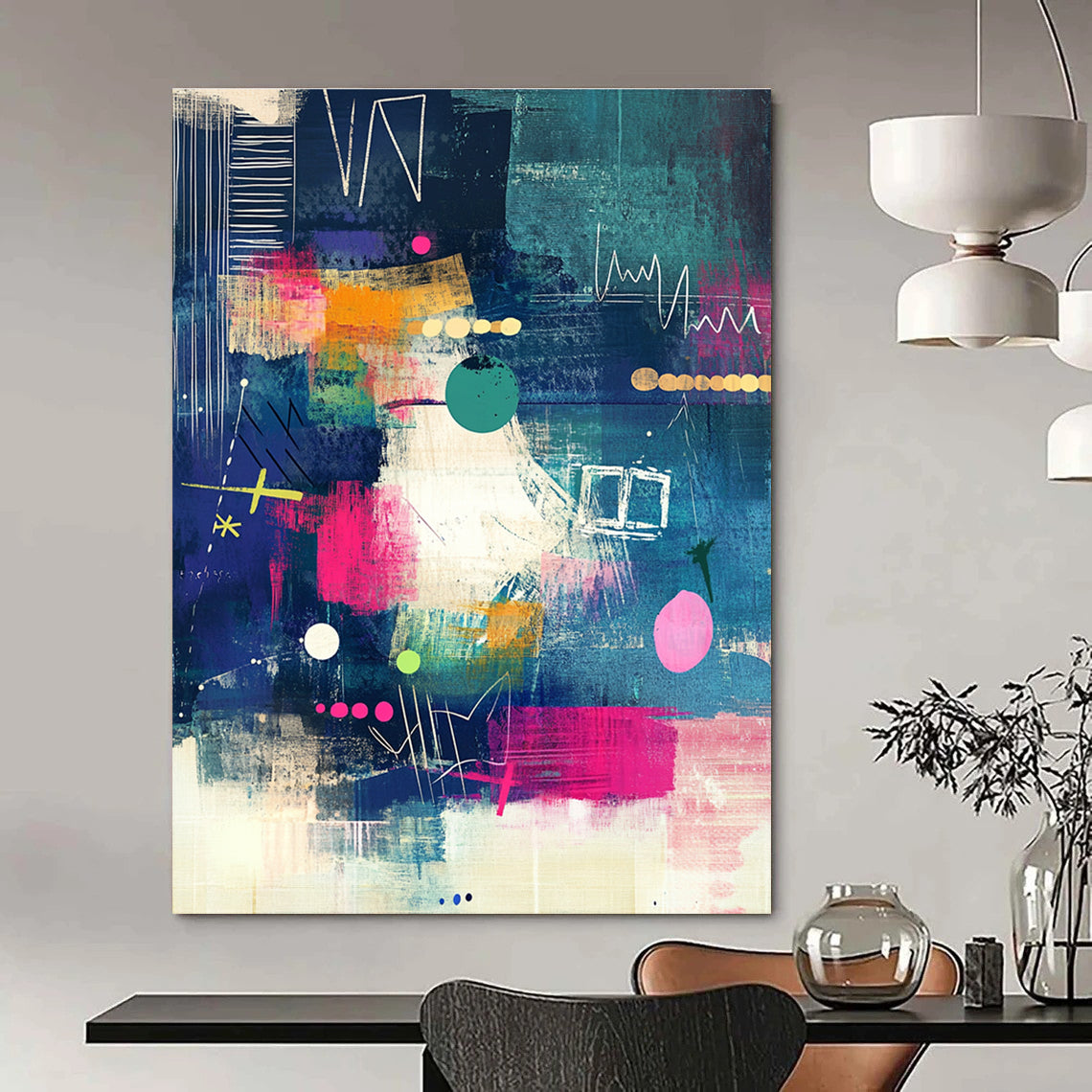Abstract Art Featuring Playful Patterns and Textures in Blue Pink Green Yellow and Black Ideal for Modern Stationery and Wall Art.STSC966