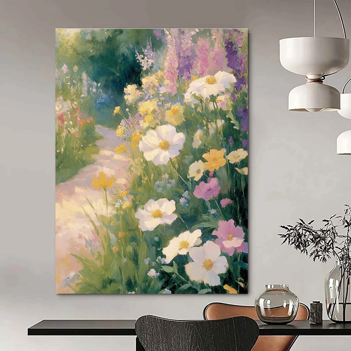 Large Abstract Painting of an Old English Garden with Wildflowers and a Winding Path Evoking Calmness and Tranquility in Soft Pastel Colors.STSC1227