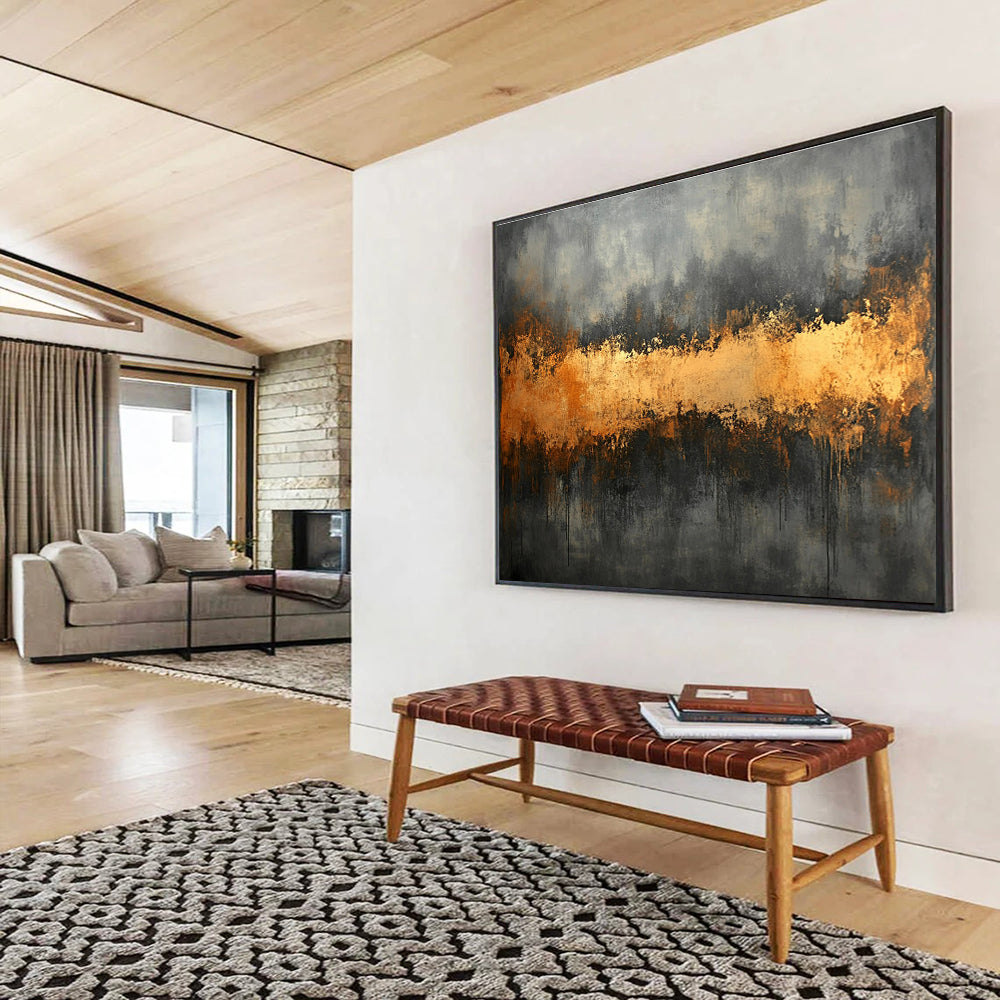 Gray and Gold Abstract Painting with Dripping Textures DYP305