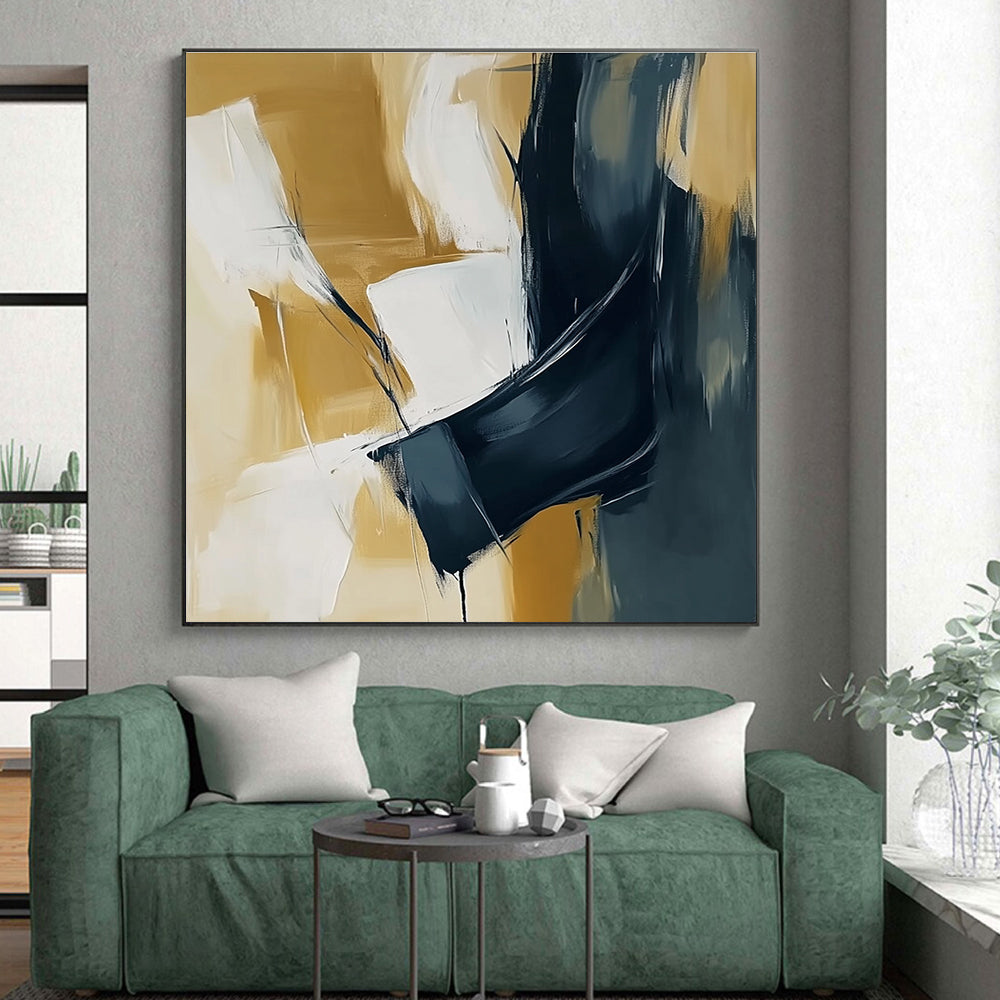 Gold White Black Abstract Painting with Dynamic Interactions GER805