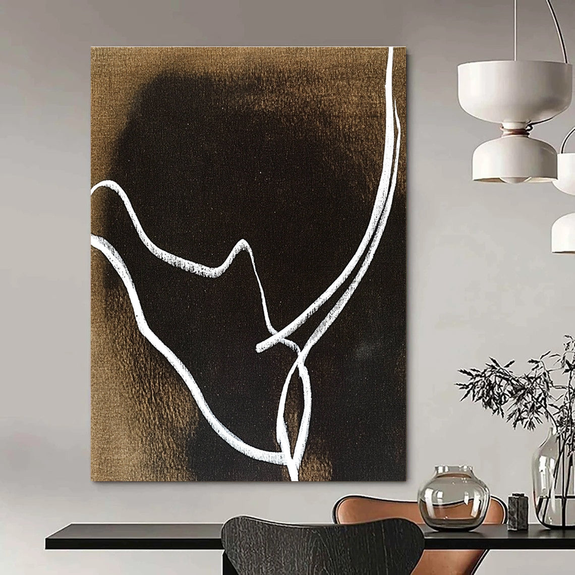 An abstract artwork featuring minimalist line art of a rhinoceros' horns in white on a dark brown background, inspired by Matisse and Dubuffet.STSC1346