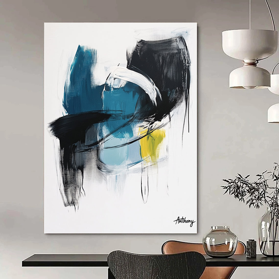 Large abstract painting in blue black and white tones with yellow accent by Anthony evoking calmness and serenity through soft brush strokes and thick lines.STSC1068