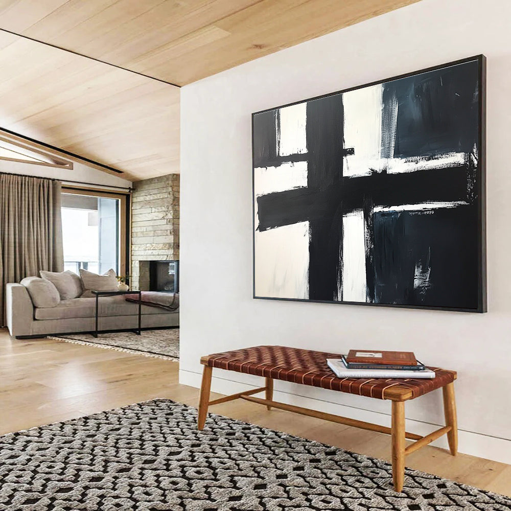 Large abstract painting in black and white featuring a central cross, inspired by John Blackwood, simple modern aesthetic with bold strokes.SC018