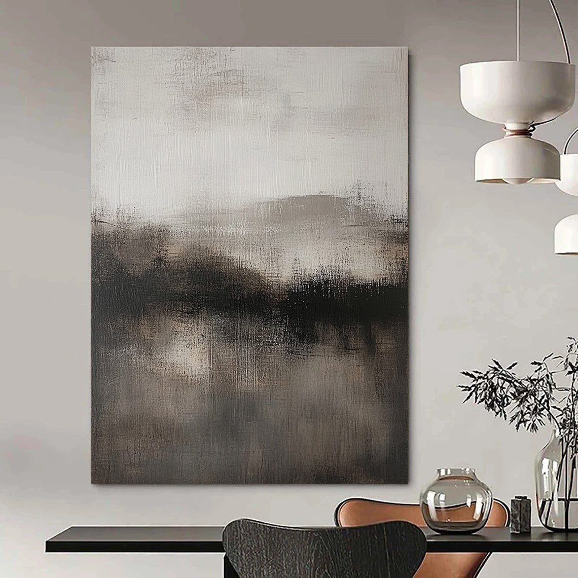 Large abstract artwork featuring neutral tones in gray and black with subtle textures for a sophisticated decor touch.STSC080
