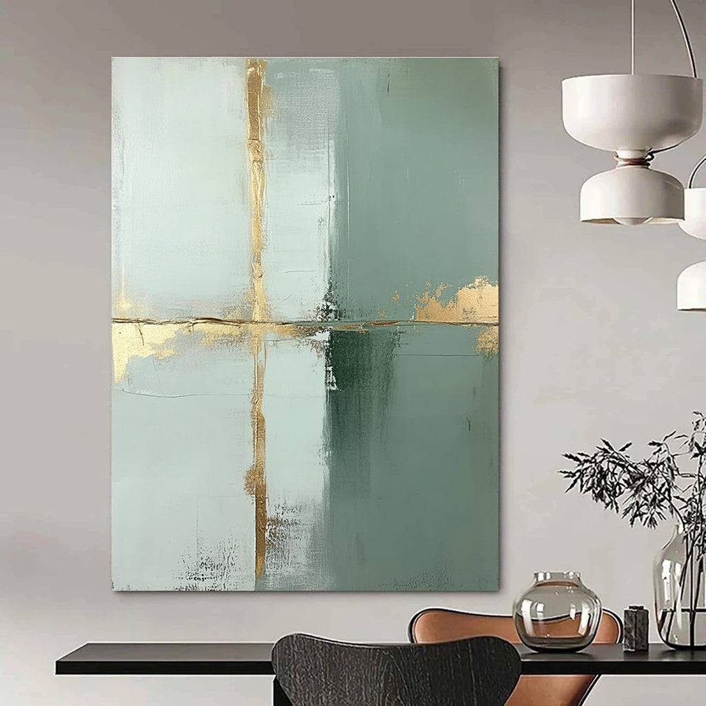 Large abstract painting featuring pale green and white blocks accented with thin gold lines and gold foil accents in a minimalist style.STSC428