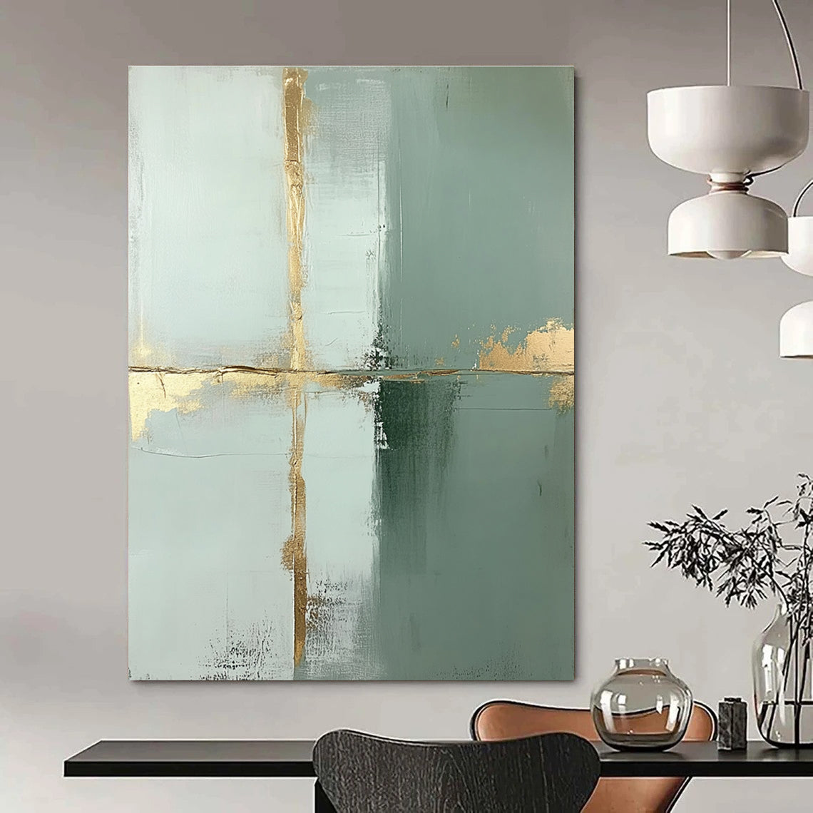Large abstract painting featuring pale green and white blocks accented with thin gold lines and gold foil accents in a minimalist style.STSC428