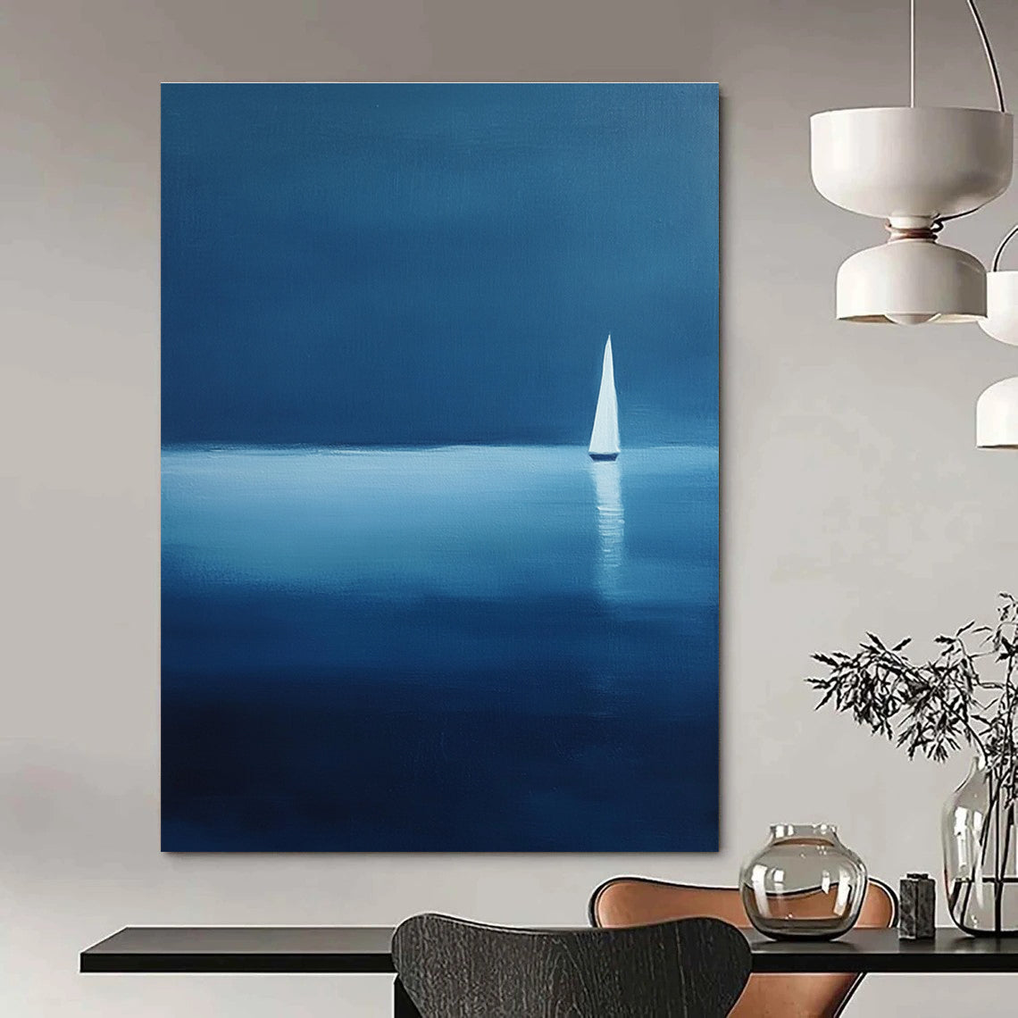 Large abstract painting of a serene sailboat on calm waters using blue and white shades against a dark backdrop evoking tranquility and solitude.STSC1086