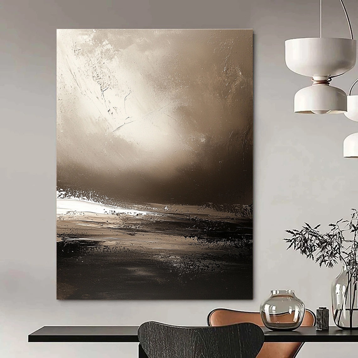 Large abstract painting showcasing Earth's horizon in sepia tones with textured brushstrokes creating a calming atmosphere and distant landscapes.STSC646