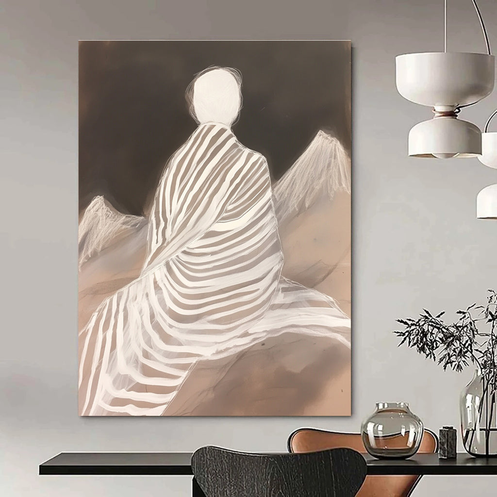 Large abstract painting featuring a zebra-patterned blanket wrapped around a woman atop mountains in layered translucency and fluid lines.STSC1292