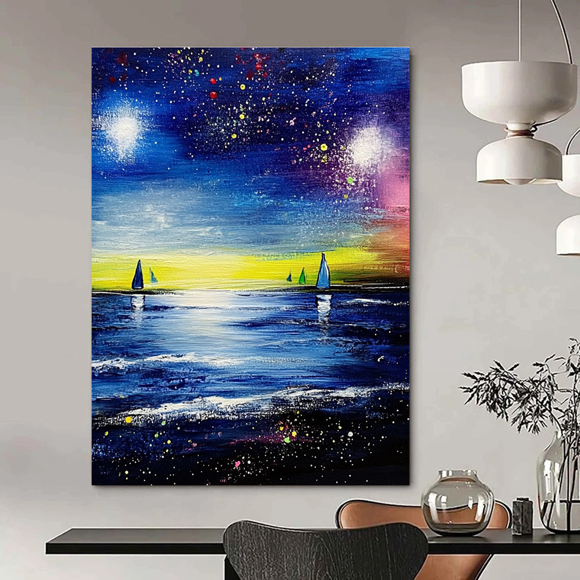 Large abstract painting featuring a vibrant blue sea and sky with stars and colorful sailboats in the distance.STSC526