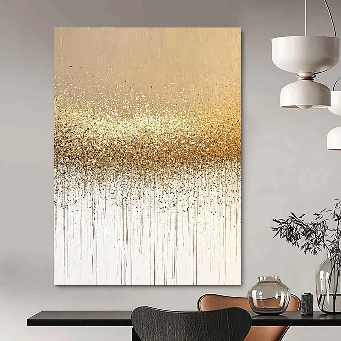 Abstract painting featuring sand and gold glitter on a neutral beige background, showcasing a minimalistic design in soothing tones.STSC994