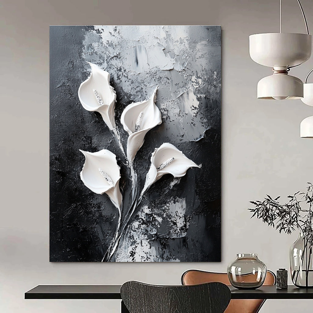 Abstract painting featuring white calla lilies on a black textured canvas with oil paint strokes in a modern minimalistic style.STSC509