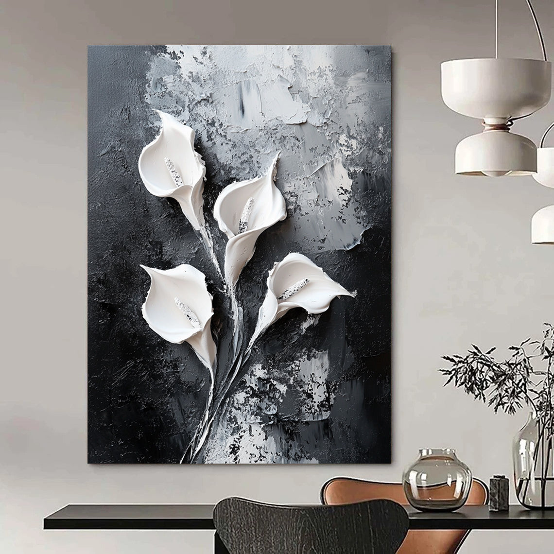 Abstract painting featuring white calla lilies on a black textured canvas with oil paint strokes in a modern minimalistic style.STSC509