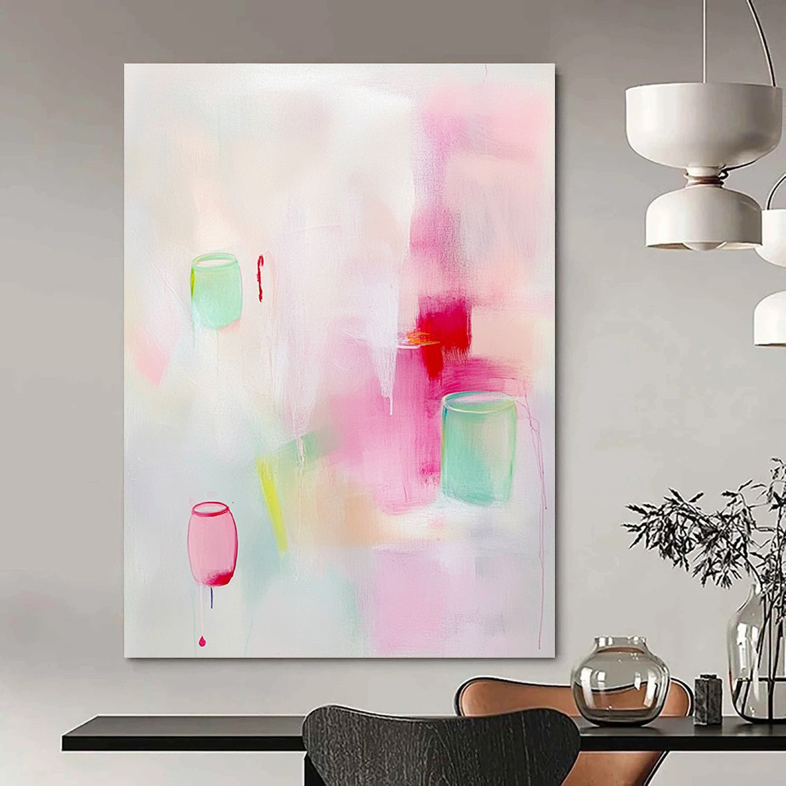 Abstract painting featuring soft pastel colors and elegant light pink and white shades with delicate brush strokes and minimalist design.STSC1311