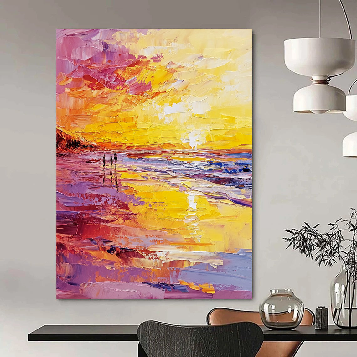Abstract oil painting of a beach at sunset featuring a vibrant yellow and pink color scheme with small figures walking along the shore.STSC157