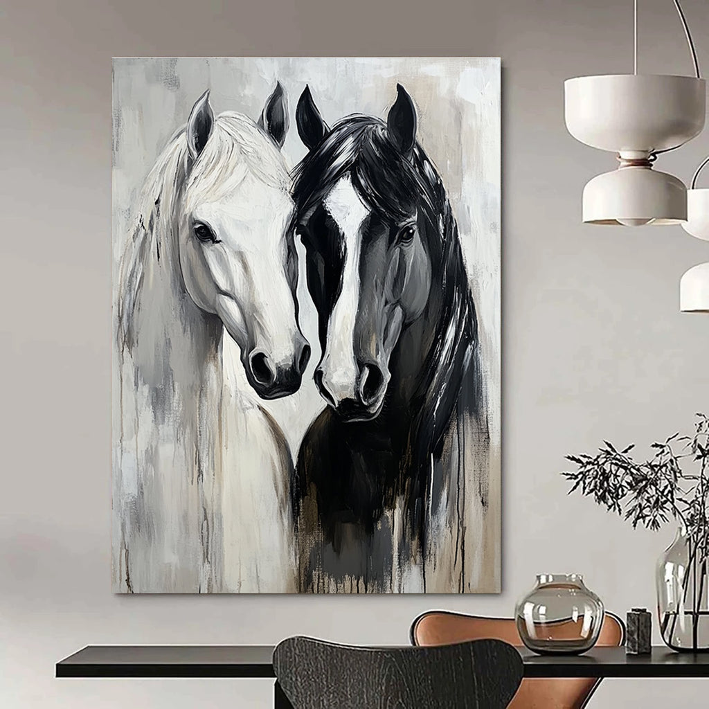 Abstract oil painting of black and white horses embracing with expressive brushstrokes and soft gray tones highlighting their fur texture and connection.STSC1388