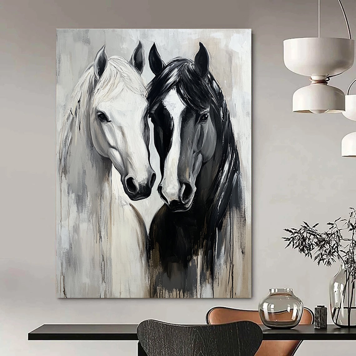 Abstract oil painting of black and white horses embracing with expressive brushstrokes and soft gray tones highlighting their fur texture and connection.STSC1388
