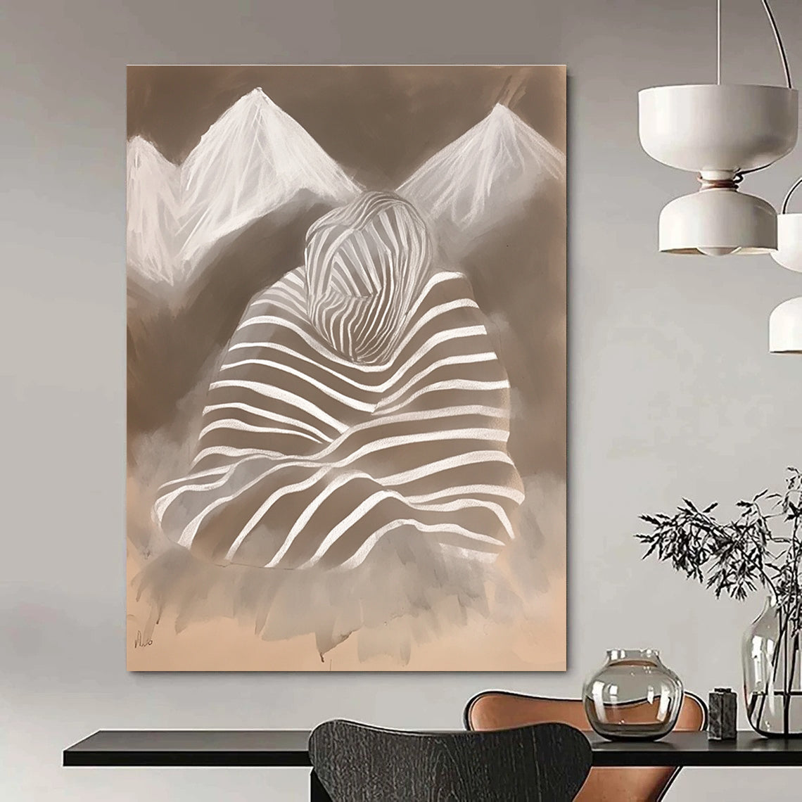 Abstract chalk drawing featuring zebra print with mountains and a woman's silhouette wrapped in a striped blanket in soft atmospheric tones.STSC1474