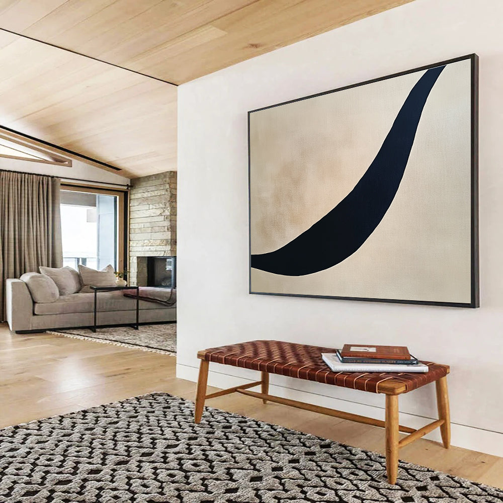 Curved Black Line on Beige Abstract Painting with Minimalist Design DYP584