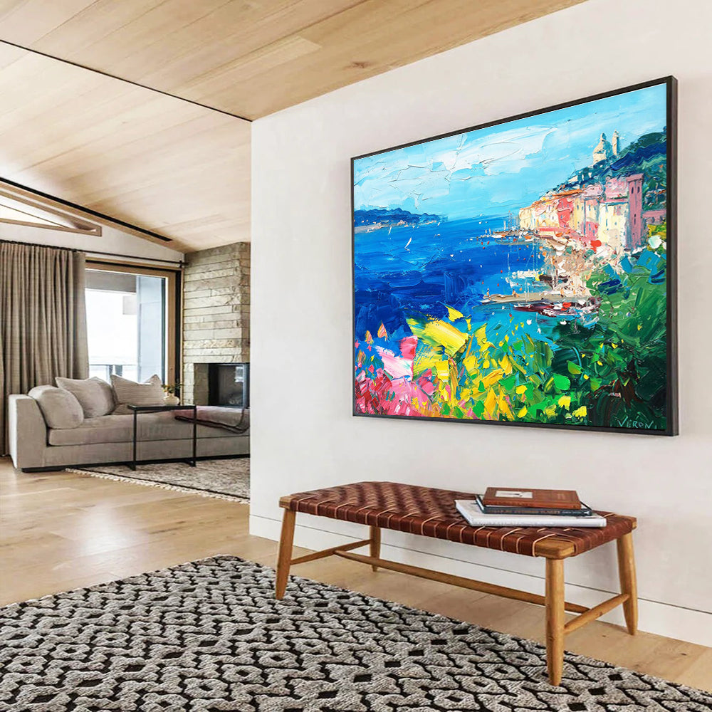 Blue Pink Yellow Coastal Harbor Abstract Painting THY486