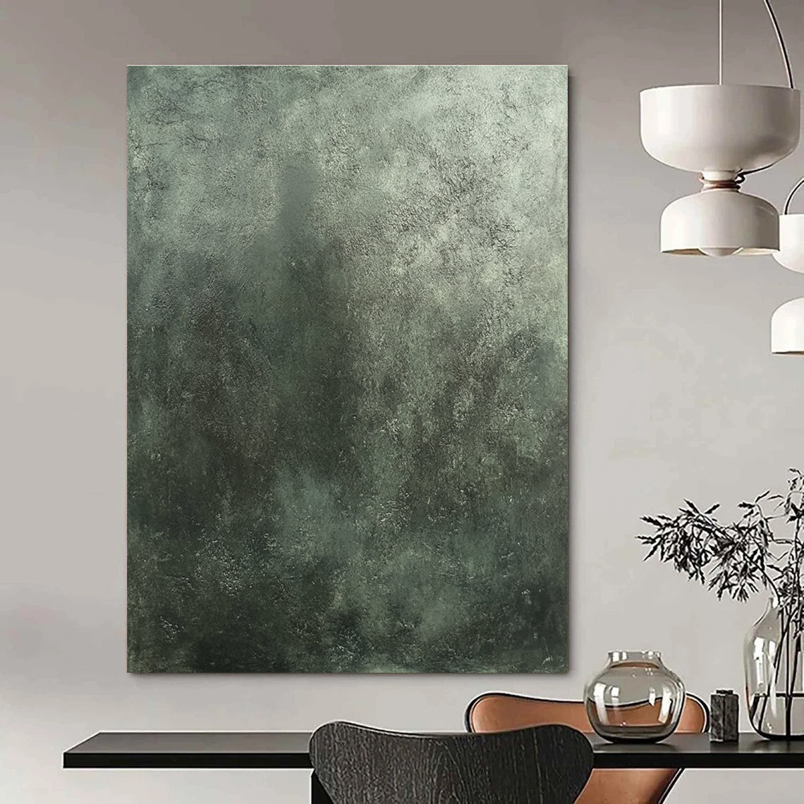 A large abstract painting featuring dark gray concrete texture with subtle greenish tones inspired by Beksiński and Frazetta's styles.STSC1290