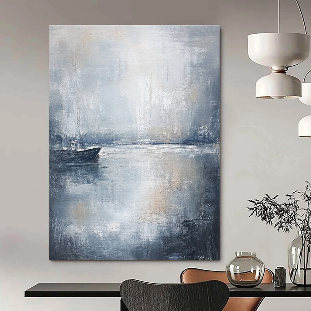 Large abstract painting in muted gray and white tones with soft brushstrokes evoking calmness and serenity perfect for any space.STSC044