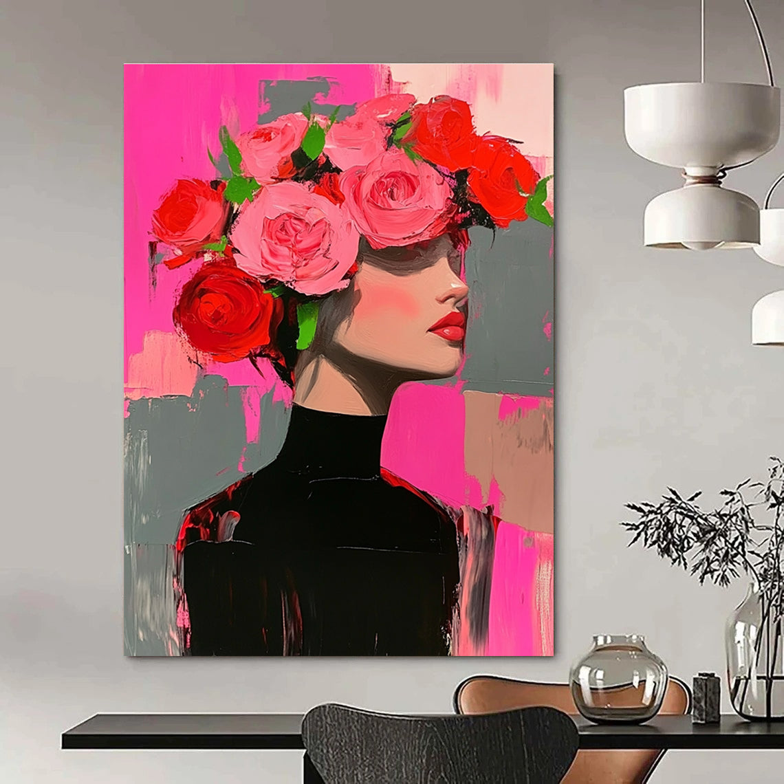 Abstract painting of a woman in a black dress adorned with pink and red roses, set against a pink and grey background.STSC1392