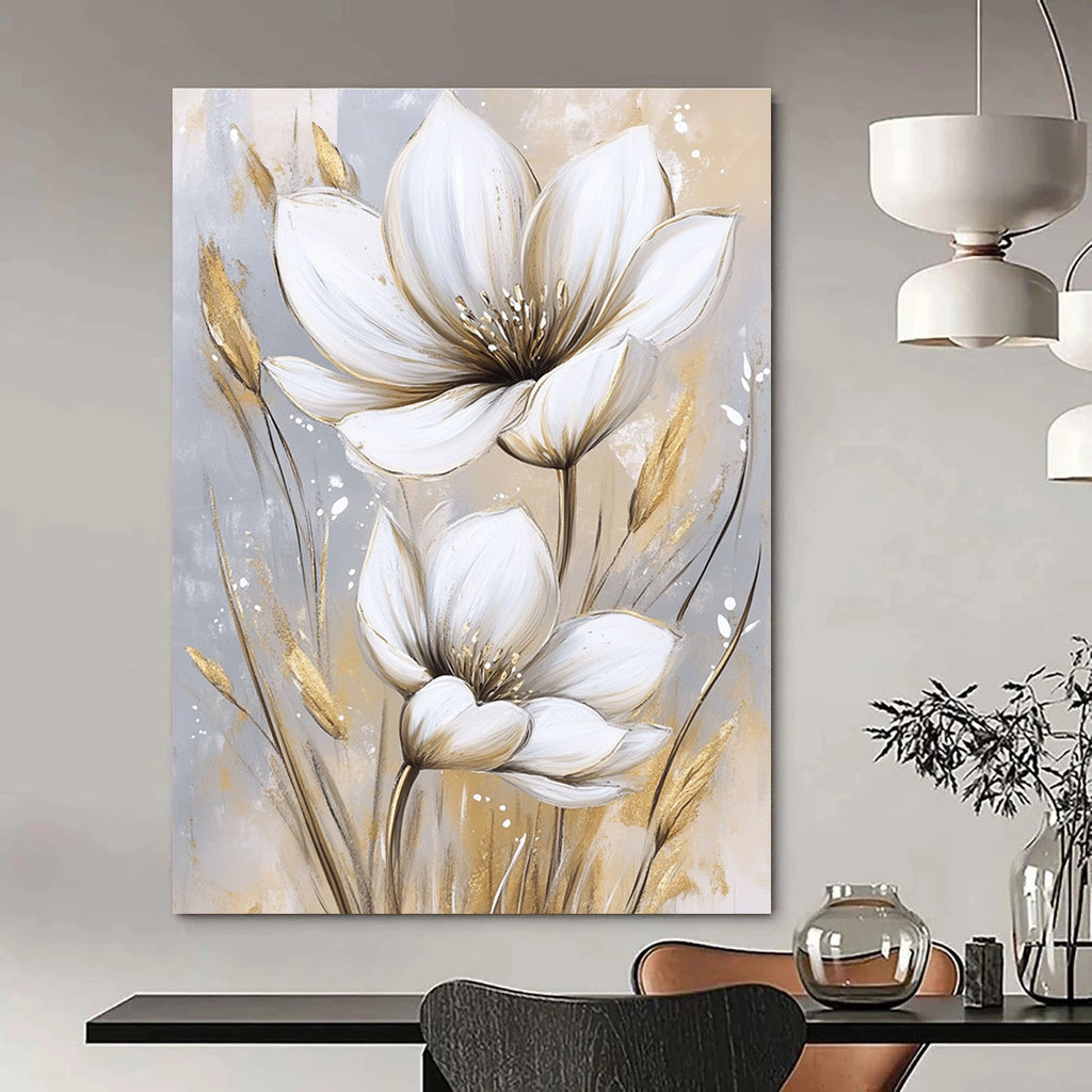 Large abstract painting featuring white flowers on a beige and gray background with soft watercolor textures in white and gold tones.STSC1476
