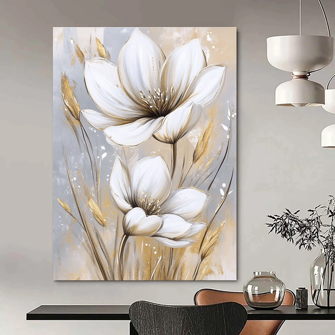 Large abstract painting featuring white flowers on a beige and gray background with soft watercolor textures in white and gold tones.STSC1476