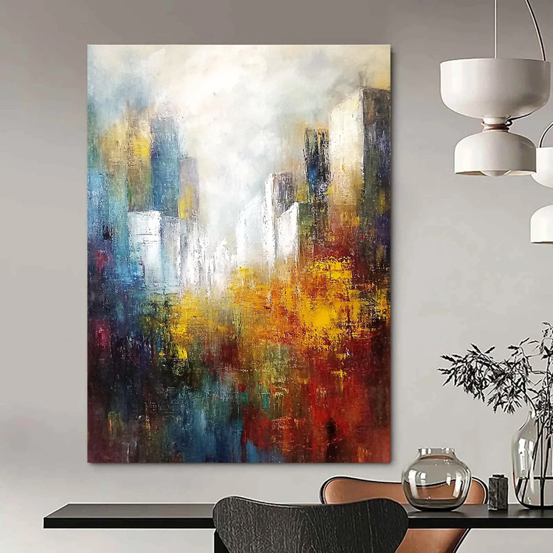 Large abstract landscape painting featuring white buildings in the distance with soft edges and muted tones in a light sky blue and dark amber palette.STSC106
