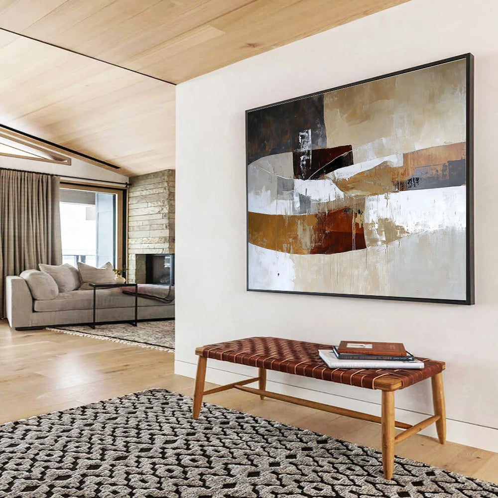 A large abstract oil painting featuring shapes and lines in earthy tones of white beige brown and grey in a rustic landscape styleSC321