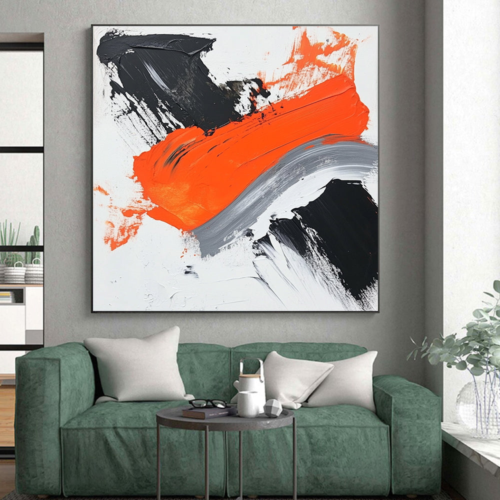 Black Orange Gray Abstract Painting with Dynamic Brushstrokes GER494