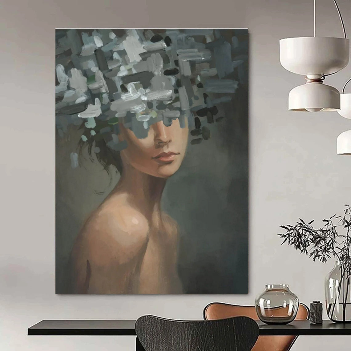 Gray and White Floral Head Woman Abstract Painting ADGE328