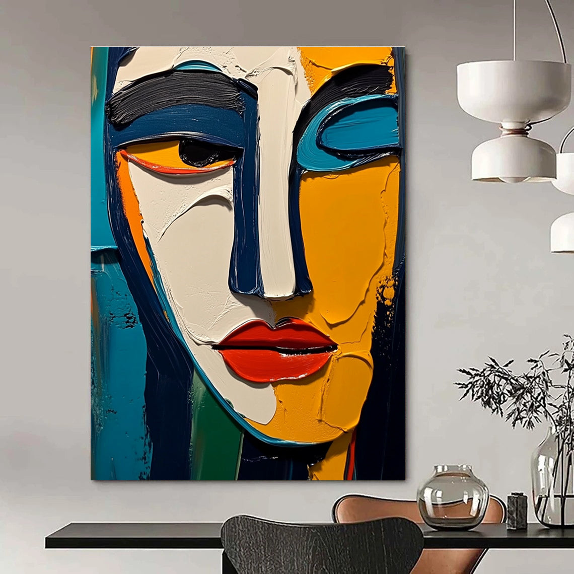 Large abstract painting featuring thick impasto texture with vibrant colors blue yellow white black red orange and green inspired by Picasso and Matisse.STSC557