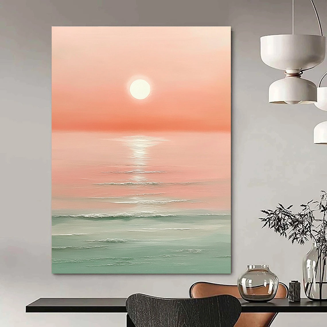 Large abstract painting featuring a pink sunset over the ocean with a white sun and soft muted colors.STSC1424