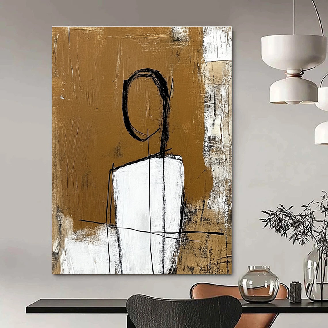 Large abstract painting with a white figure outlined in thick black lines set against an amber brown textured background.STSC050