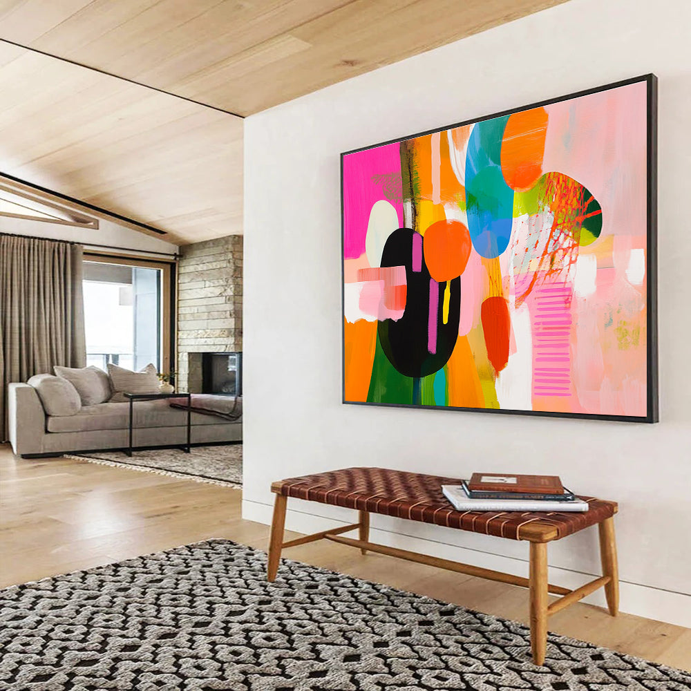Bold abstract artwork showcasing vibrant pink, yellow, green, and blue shapes with dynamic movement and expressive brushstrokes.SC300