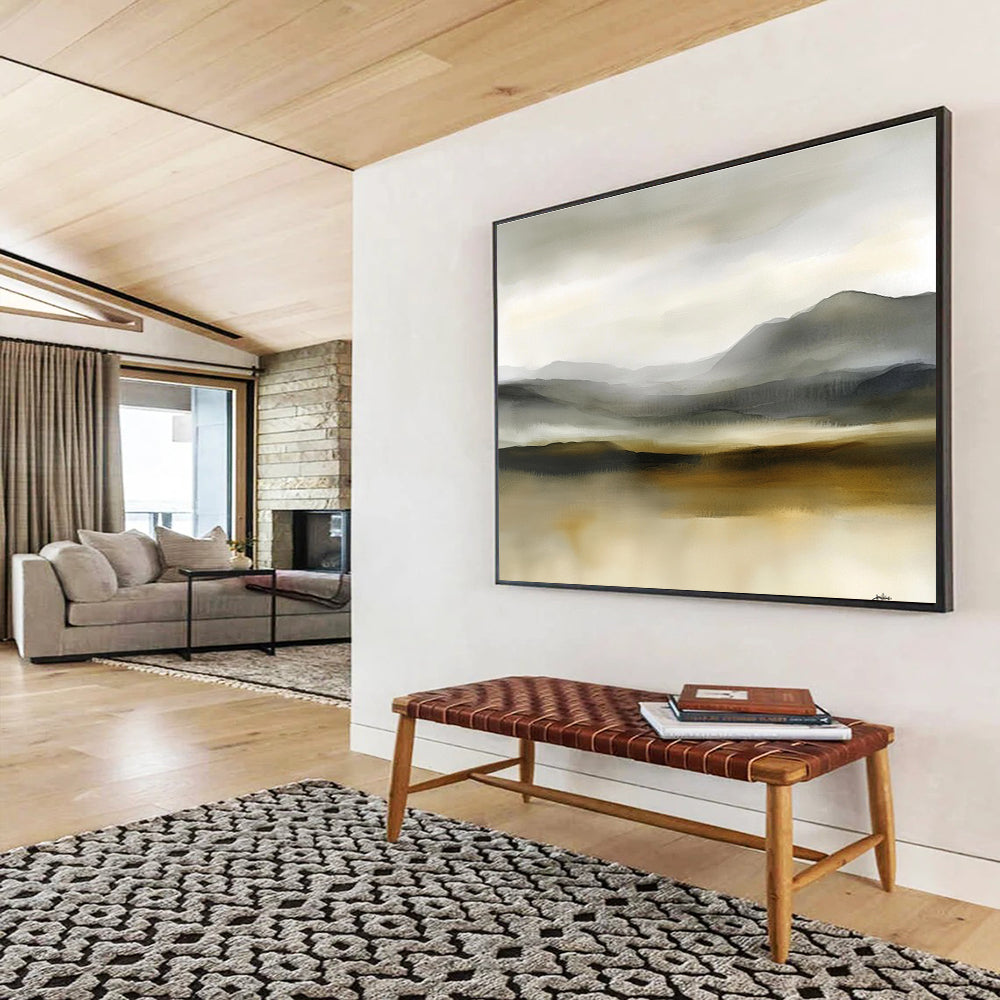 Large abstract watercolor painting of Scottish moors in soft gray and beige tones, creating a tranquil and misty atmosphere for any space.SC288