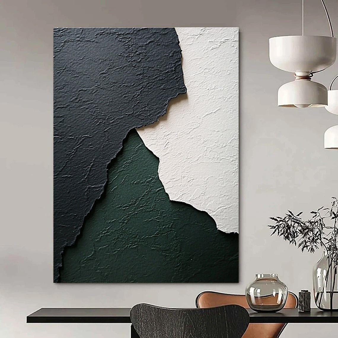 Abstract art featuring textured black white and green paper with subtle gray and emerald tones and a wave-like shape enhancing its worn appearance.STSC1281