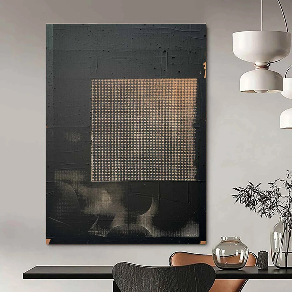 Black Abstract Painting with Grid Pattern and Beige Accents ADGE306