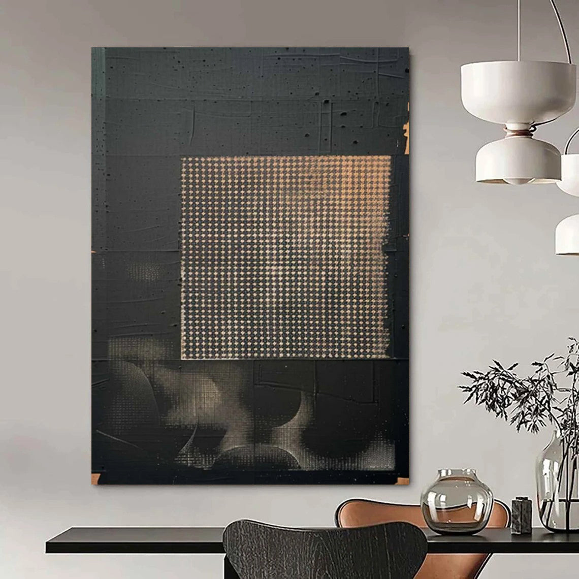 Black Abstract Painting with Grid Pattern and Beige Accents ADGE306