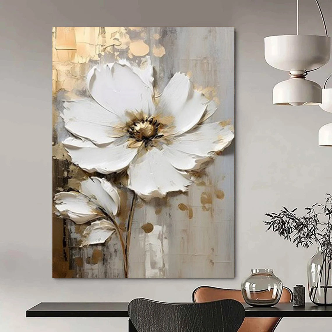 White Flower Textured Abstract Painting with Gold Accents ADGE300